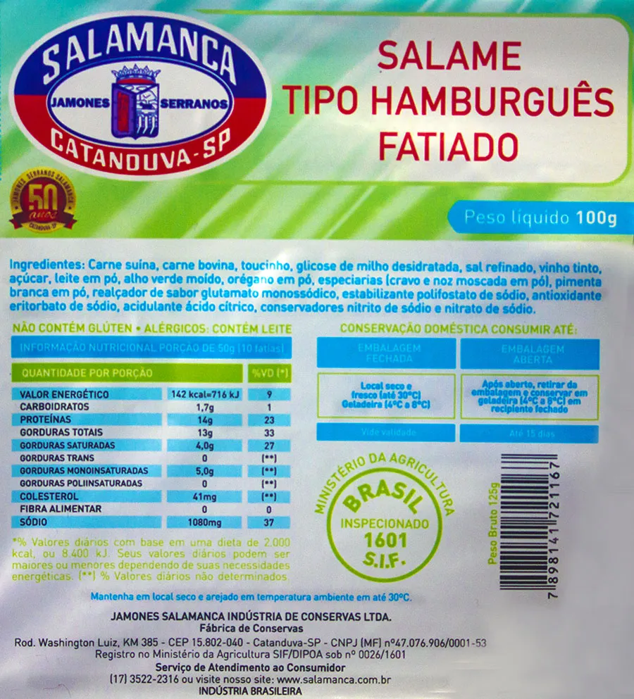 Salame Tipo Hamburguês Fatiado Cartela 100 gramas